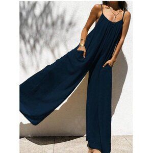 V-Neck Pleated Tank Top Wide-Leg Jumpsuit Navy